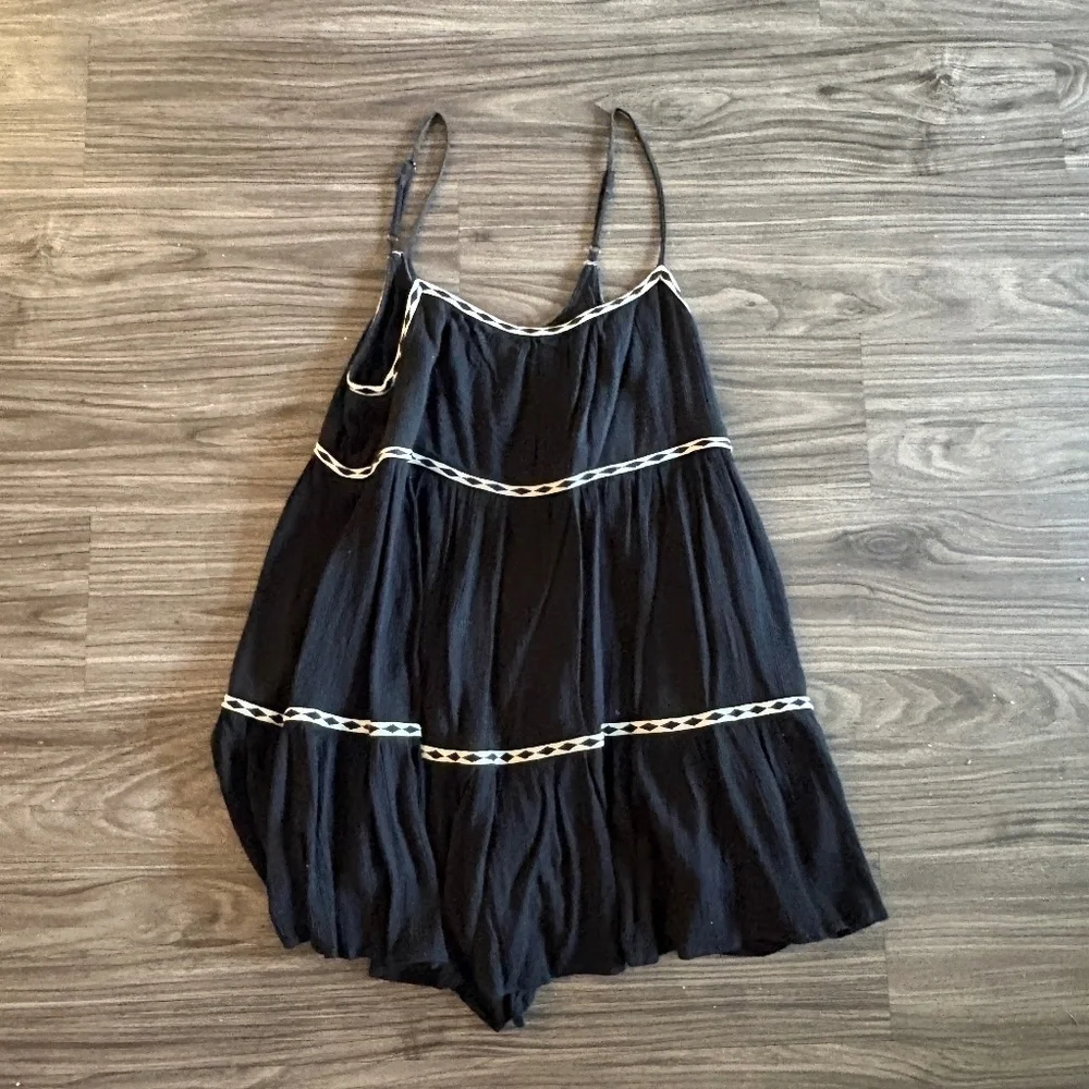 Mustard Seed Black and White Tape Trim Shirred Tiered Romper Dress - Picture 2 of 6